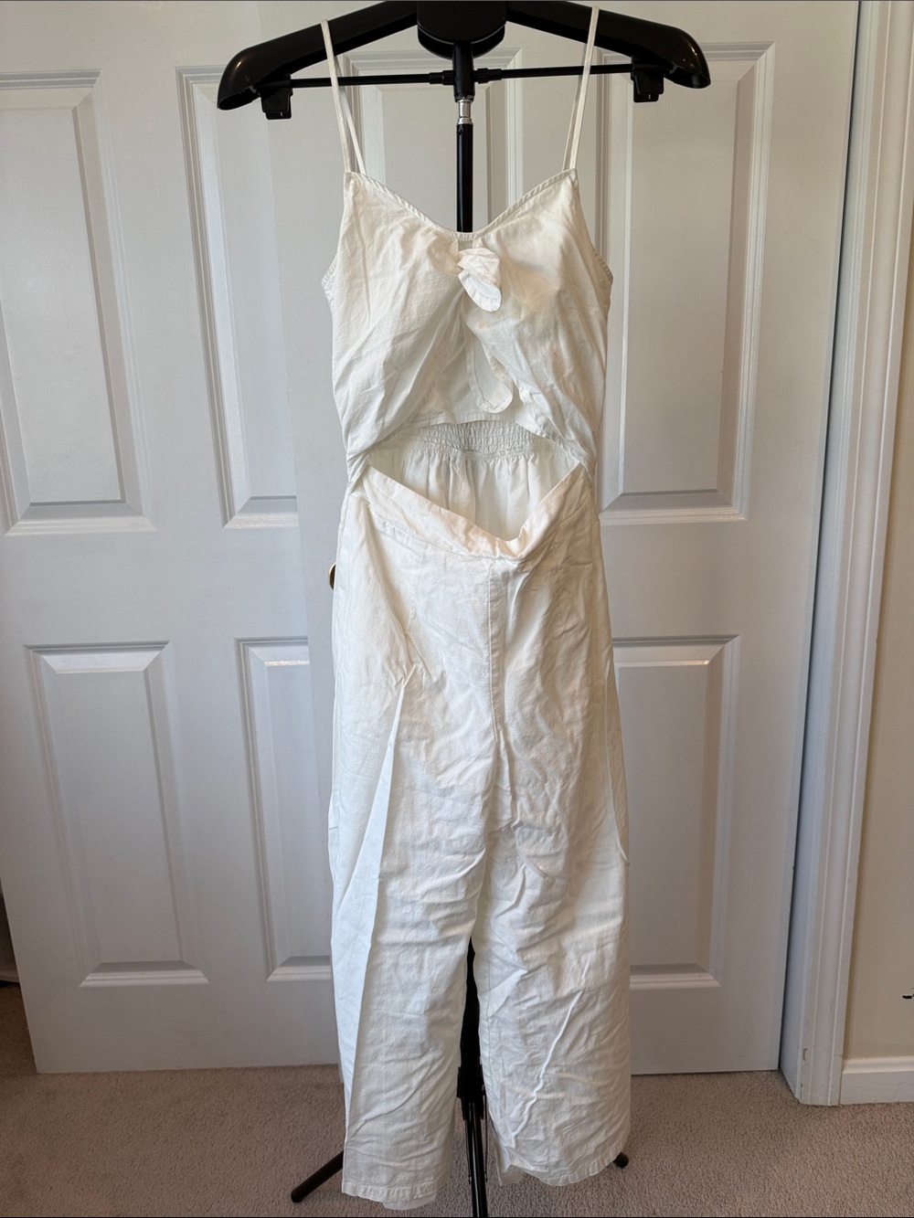 Women's White Linen-Cotton Cutout Jumpsuit with Tie Front